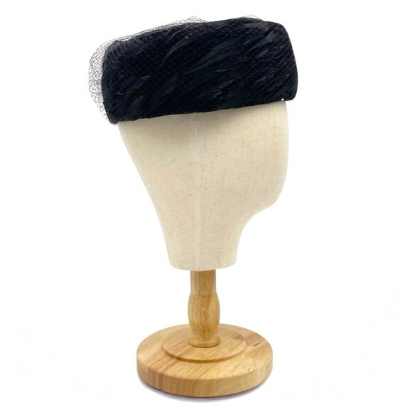 Vintage 1950s Coralie Feathered Pillbox Hat Black Velour with Veil & Rhinestones - Picture 8 of 15